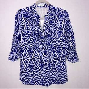 Jade by Melody Tam blue white ruffle blouse Sz S